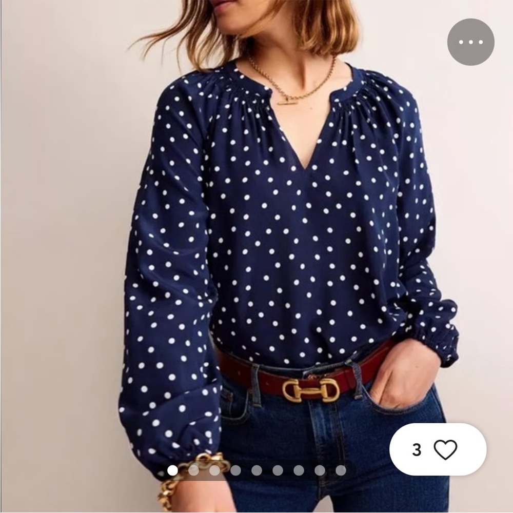 Boden Gathered Silk Navy Polka Dot Blouse